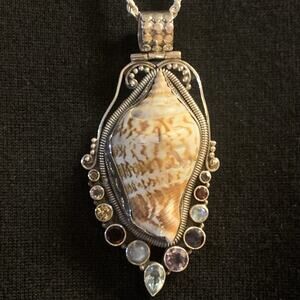 Stunning Sterling Silver & Multi Gemstone Seashell Pendant & Roped Chain 30 In